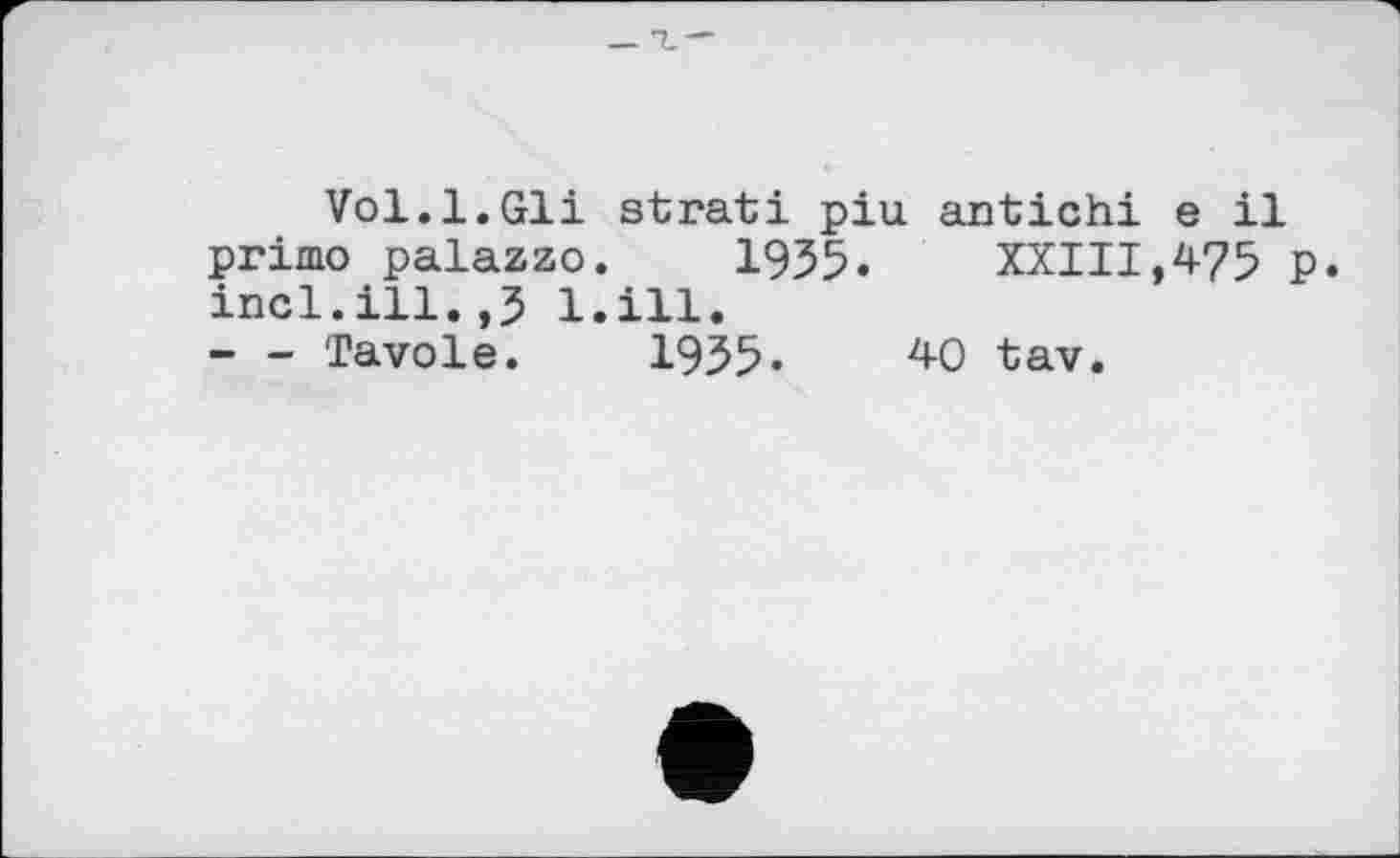 ﻿Vol.l.Gli strati piu antichi e il primo palazzo. 1955. XXIII,475 p. incl.ill.,5 l.ill.
- - Tavole. 1955.	40 tav.